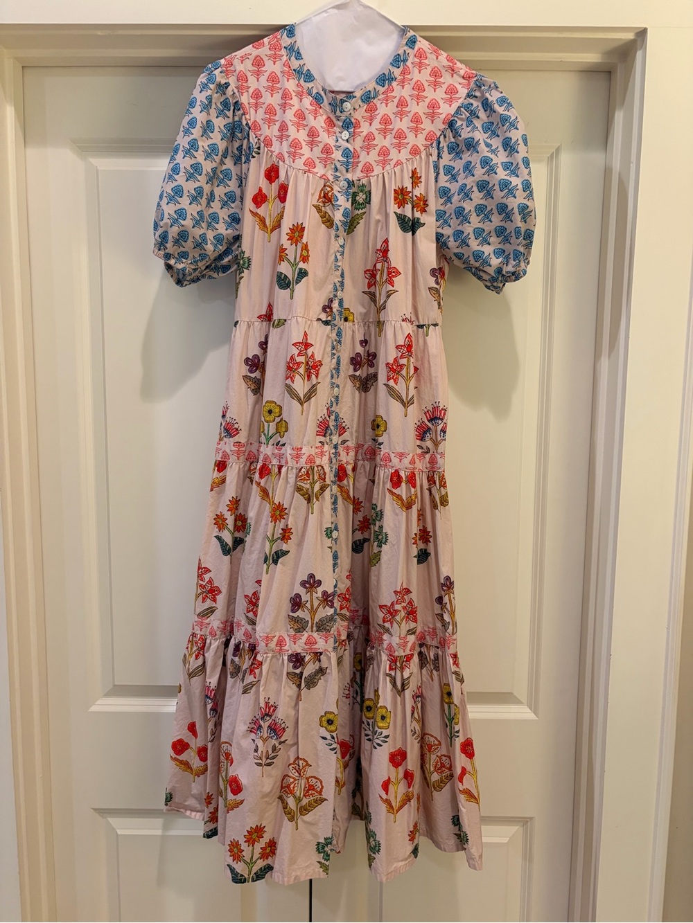 Oliphant Pink Floral Tiered Midi Dress with Blue Puff Sleeves